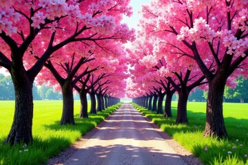 Obraz premium Narrow lane between rows of cherry trees in full bloom, orchard, spring time, path