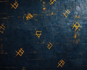 A textured dark blue wall with bold yellow graffiti scattered across, creating an urban street art aesthetic