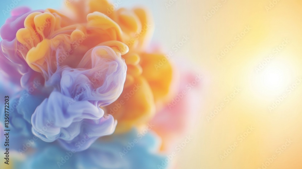 Poster swirls of colorful ink blend beautifully, forming an abstract pattern illuminated by a warm light, c