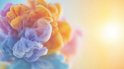 Fototapeta premium Swirls of colorful ink blend beautifully, forming an abstract pattern illuminated by a warm light, creating a mesmerizing effect