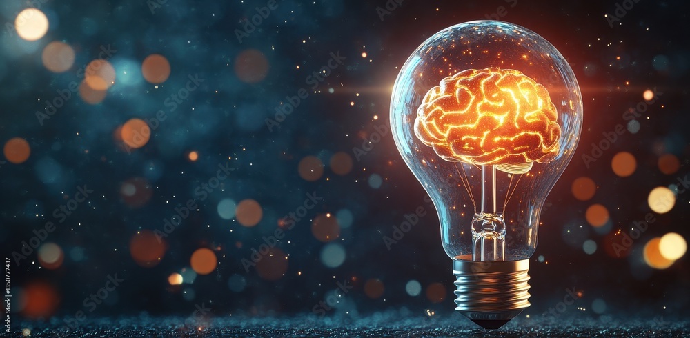 Aufkleber light bulb with illuminated brain, symbolizing innovative ideas and conceptual creativity in a dazzl