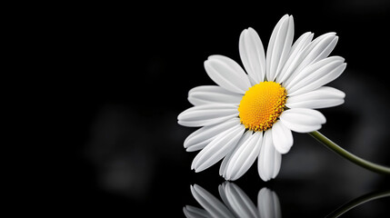 Obraz premium high contrast monochrome shot of daisy with vibrant yellow center against black background, reflecting elegantly on glossy surface