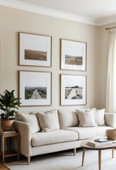 Modern Living Room with Neutral Decor and Landscape Prints