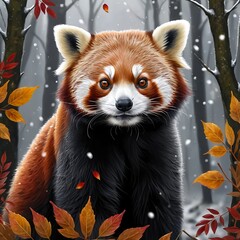 Red Panda in Snowy Autumn Forest
