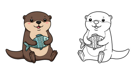 Fototapeta premium Adorable otter clutching a fish: A delightful illustration for coloring and beyond