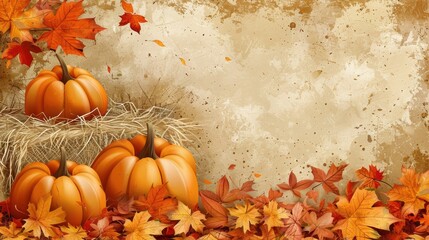 Fall scene with three pumpkins and a hay bale