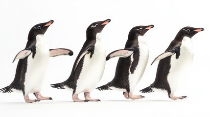 Fototapeta premium Penguins Sliding on Ice Against a White Background