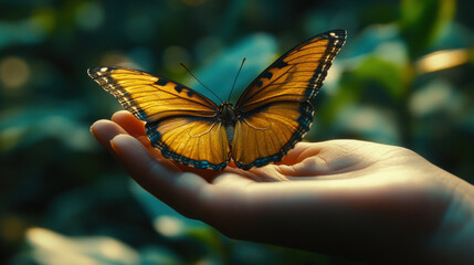 Naklejka premium A hand holding a monarch butterfly, surrounded by green foliage in a natural setting.