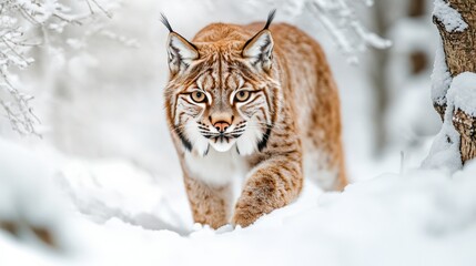Lynx Prowling Through Snowy Wilderness Scene