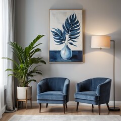 Serene Living Room Interior with Blue Velvet Armchairs and Blue Leaf Artwork