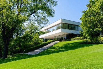 Modern house on grassy hill with trees, ideal for real estate listings