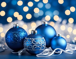 Fototapeta premium Blue Christmas Ornaments with Bokeh Lights