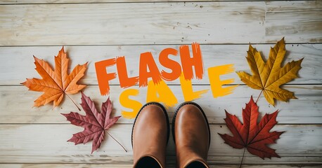 Autumn Boots on Wooden Floor with Flash Sale Sign