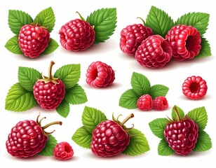 Juicy Raspberries with Green Leaves - Collection