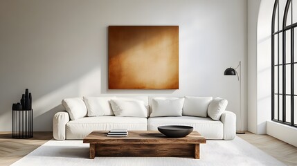 Grunge old accent coffee table near white sofa against arched window and white wall with big art poster frame. Minimalist, art deco interior design of modern living room, home. 2025
