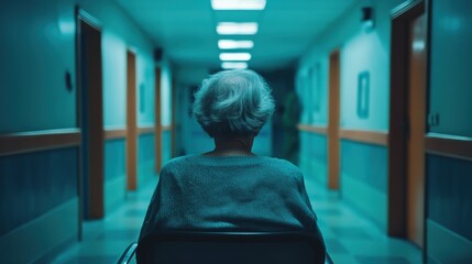 Elderly Person in Nursing Home Hallway Staring at Empty Space Alone
