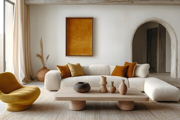 Minimalist, scandinavian style home interior design of modern living room 2025, Boucle white couch with red and cream accent pillows is paired with a natural wood coffee table. 


