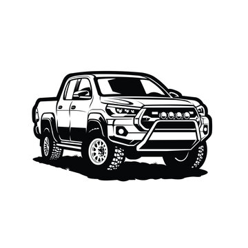Double cabin 4x4 vehicle pickup truck overland offroad monochrome silhouette vector illustration
