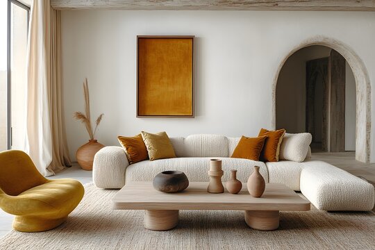 Fototapeta Minimalist, scandinavian style home interior design of modern living room 2025, Boucle white couch with red and cream accent pillows is paired with a natural wood coffee table.    
