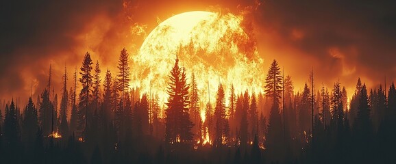 Fiery Moon Forest Inferno at Night.