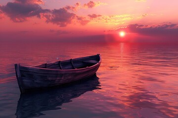 Fototapeta premium Wooden rowboat at sunset on calm water