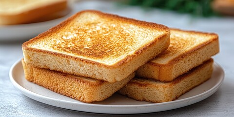 A stack of golden-brown toasted bread slices on a plate.