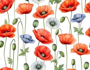 Obraz premium Watercolor Seamless Pattern of Red, White, and Blue Poppies