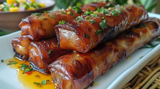 Filipino turon banana spring rolls caramelized edges stacked on a white plate clean overhead view