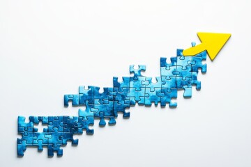 Fototapeta premium Blue puzzle pieces forming upward arrow, growth concept.