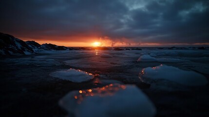 Obraz premium Frozen Coast Sunset Arctic Winter Landscape.