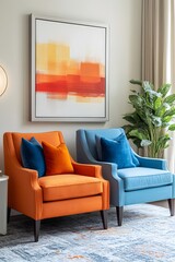 Minimalist interior design of modern living room 2025 with vibrant colorful multicolored armchairs.
