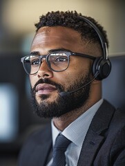 Professional Customer Support Agent Working Remotely Office Environment Portrait Photography Focused Expression