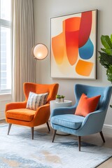 Minimalist interior design of modern living room 2025 with vibrant colorful multicolored armchairs.



