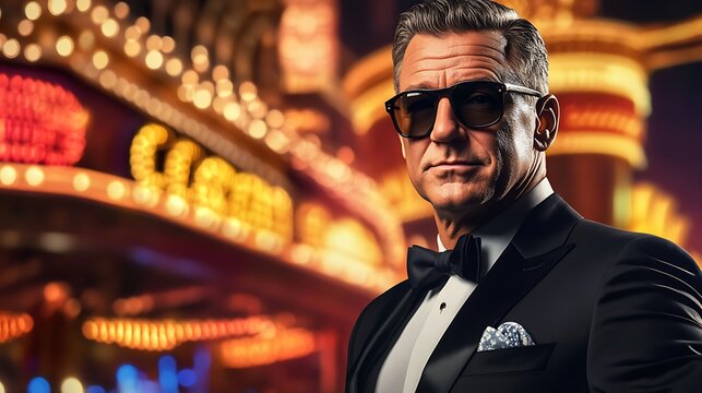 Elegant Man in Tuxedo at Night Casino