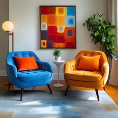 Minimalist interior design of modern living room 2025 with vibrant colorful multicolored armchairs.



