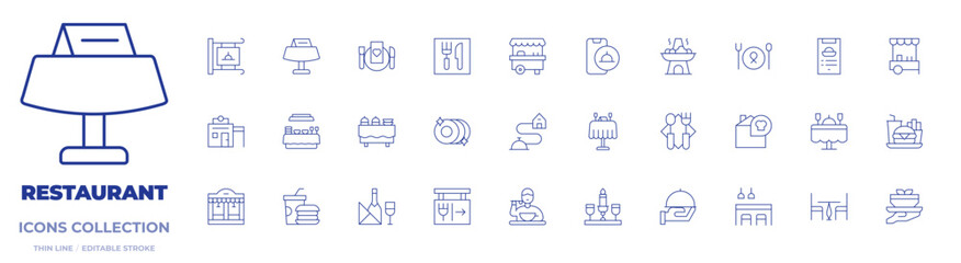Restaurant icons collection. Thin Line icons, editable stroke. buffet, hot pot, menu, dish, wine, cutlery, plate, coffee table, restaurant, food and restaurant