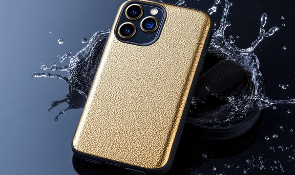 Stylish and luxurious gold phone case with textured finish against a sleek black background, featuring water splashes for dynamic effect