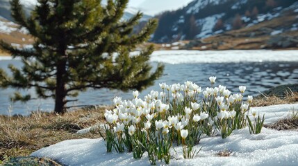 mountain heights, around a fir tree and a lake, there are frozen flowers in the ice nearby