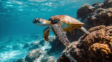 Fototapeta premium Sea Turtle Swimming Through Coral Reefs in Clear Water