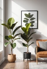 Modern Living Room with Fiddle Leaf Figs and Leather Armchair