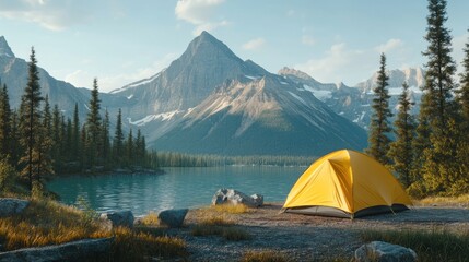 Serene Lakeside Camping: A Yellow Tent nestled amidst Majestic Mountains and a Tranquil Lake