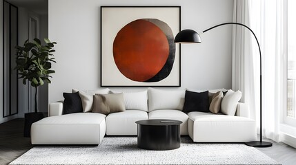 Minimalist, japandi style interior design of modern living room 2025 with a curved boucle sofa, abstract arched wall art, and bold geometric rug.


