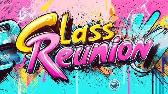 Colorful Graffiti-Style "Class Reunion" Text with Vibrant Paint Splash Effects on a Bright Background

