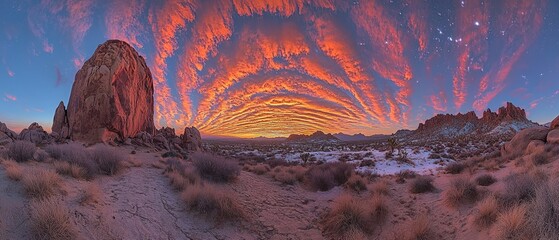 A stunning sunset panorama showcasing vibrant colors and dramatic cloud patterns over a rocky landscape.