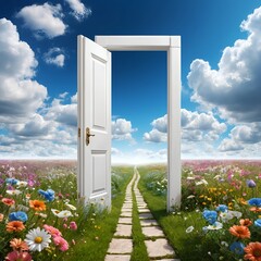 Open Door to a Flowery Field and Blue Sky