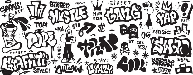 Street culture drawing lettering, graffiti, tags with spray effect street style set