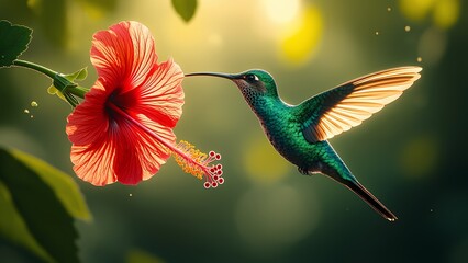 Naklejka premium Hummingbird and Hibiscus: A vibrant hummingbird, its iridescent feathers shimmering, hovers near a large, blooming hibiscus flower, capturing a moment of nature's beauty.