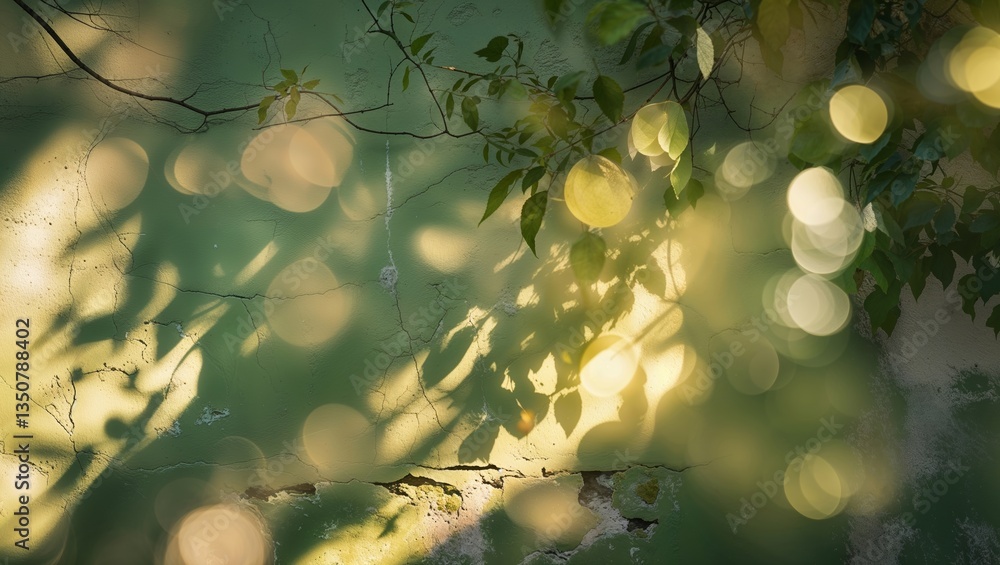 Poster light filters through leaves creating soft patterns on a weathered green wall in the morning sun