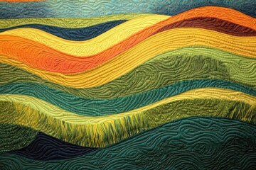 A vibrant quilt featuring wavy, flowing patterns in shades of deep green, orange, and yellow, resembling the undulating hills of a countryside landscape