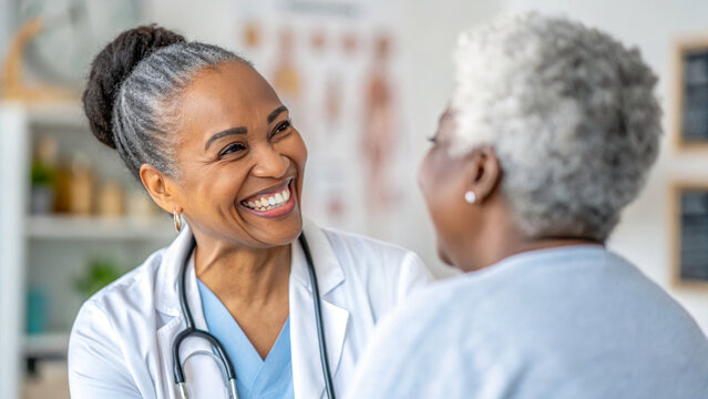 warm and friendly medical consultation scene featuring doctor smiling at patient, creating positive and supportive atmosphere